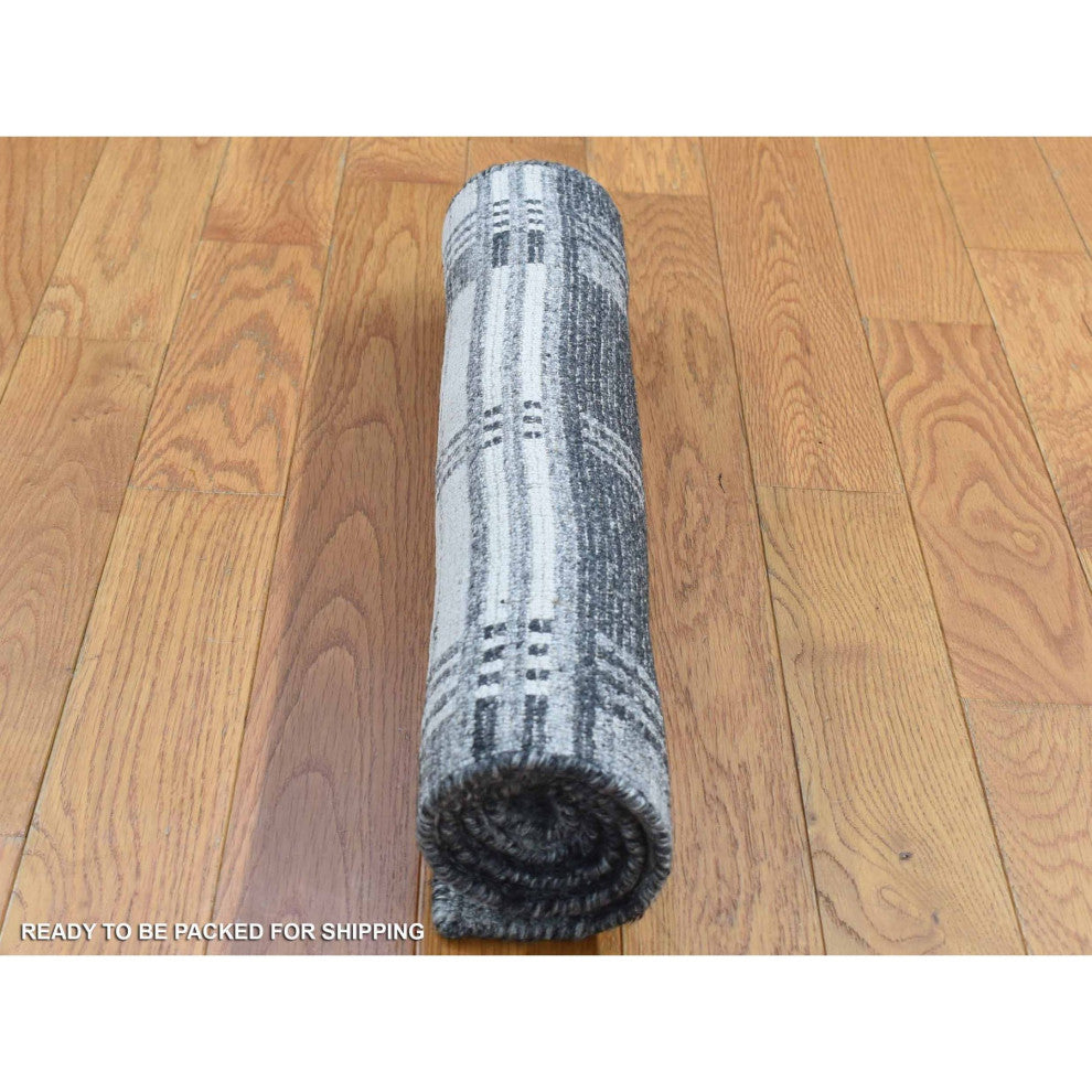 Charcoal Gray Modern Plaid Design Hand Loomed 100% Wool Oriental Rug 1'10"x2'10"