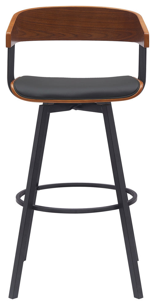 Athena 27" Swivel Walnut Wood Counter Stool Black Faux Leather With Black Metal, 31