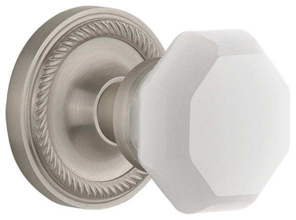 Rope Rosette Passage Waldorf White Milk Glass Knob, Satin Nickel