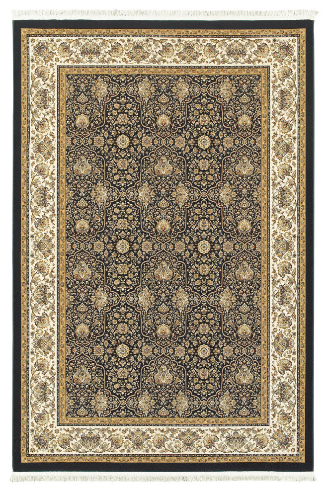 Mackenzie Regal Medallion Navy/ Ivory Fringed Area Rug, 5'3"X7'6"