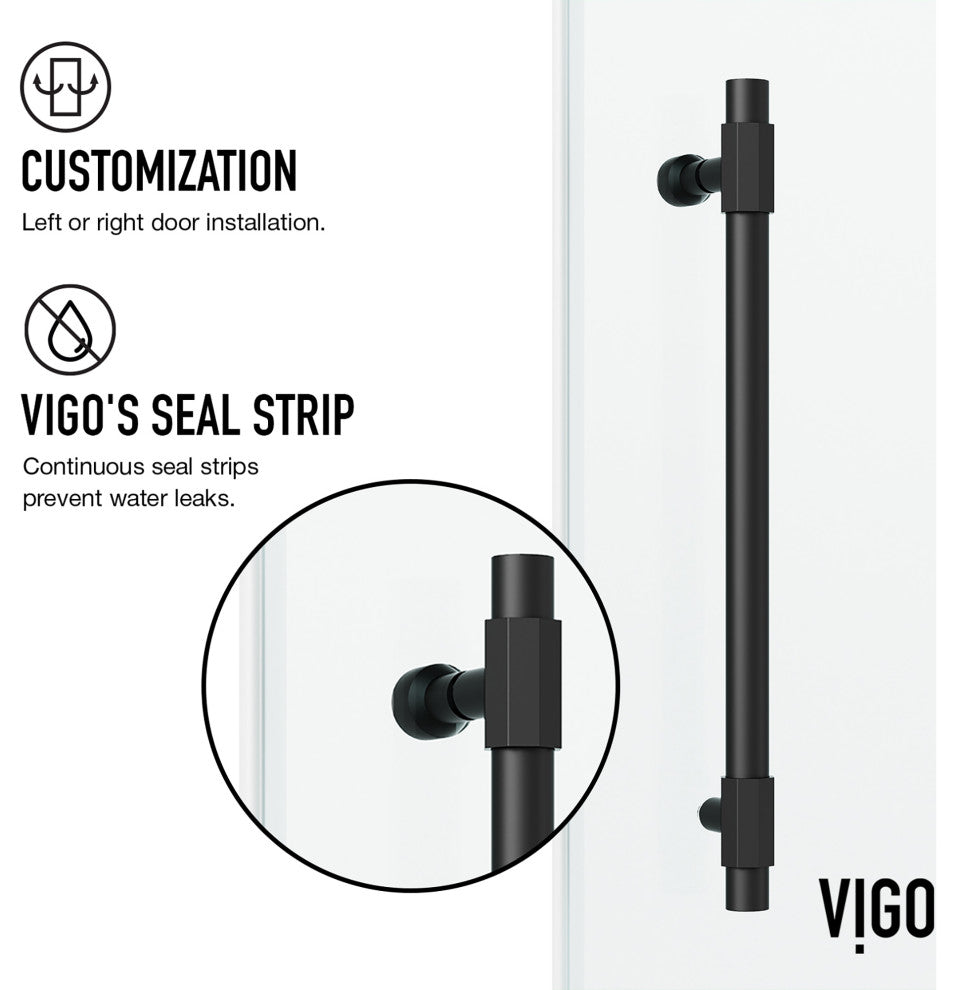 VIGO Elan Hart 56" to 60" W x 76" H Frameless Sliding Shower Door, Matte Black, Clear Glass