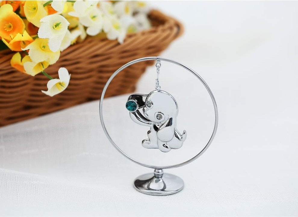 2018 Year of the Dog Chrome Plated Silver Puppy Hoop w/ Green Crystal
