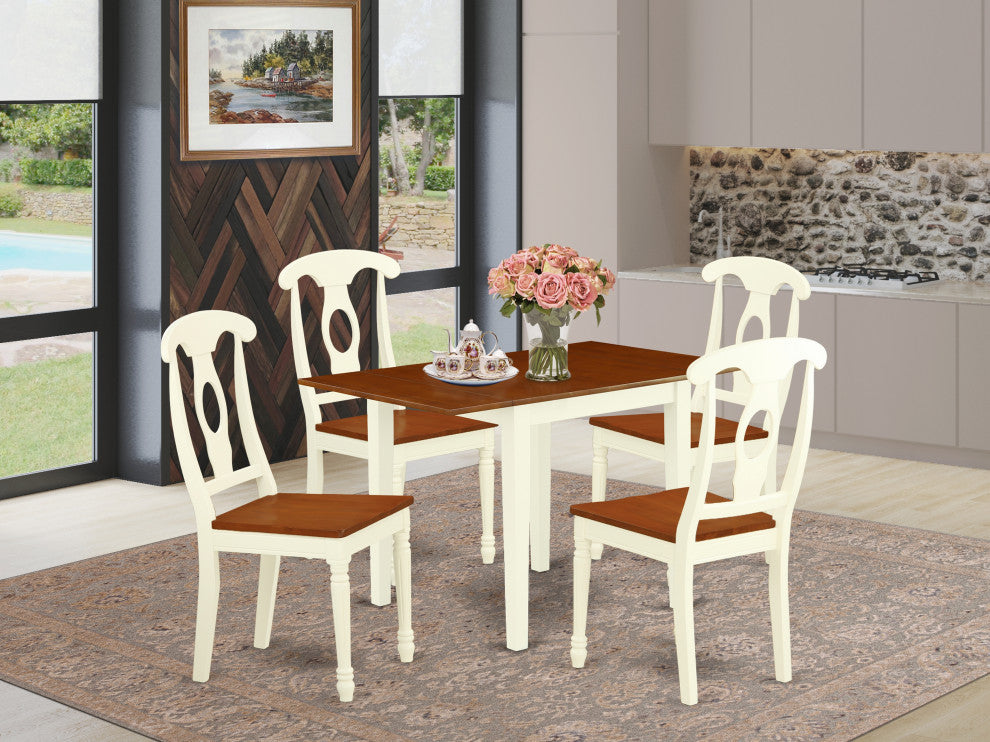 5Pc Dinette Set, Small Table, 4 Chairs, Asian Hardwood Seat, Buttermilk-Cherry
