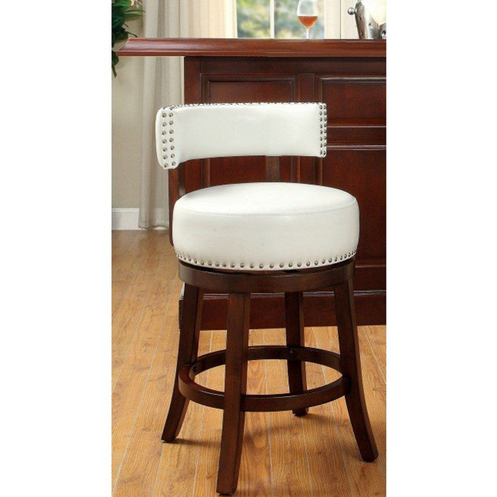 Set of 2 Leatherette and Wood 24" Bar Stool, Dark Oak, White