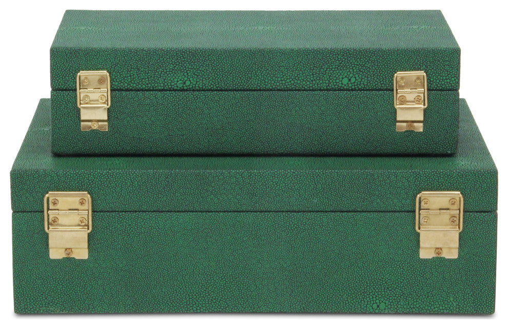 Lusan Rectangular Decorative Box Set, Green Faux Shagreen