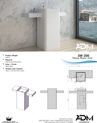 ADM Rectangular Freestanding Pedestal Sink, White, 40", Matte White