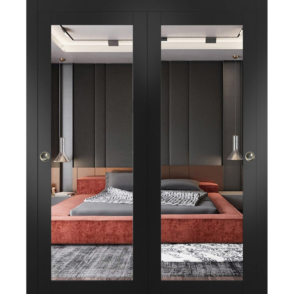 Sliding Bypass Doors 72 x 80, Lucia 1299 Matte Black & Mirror