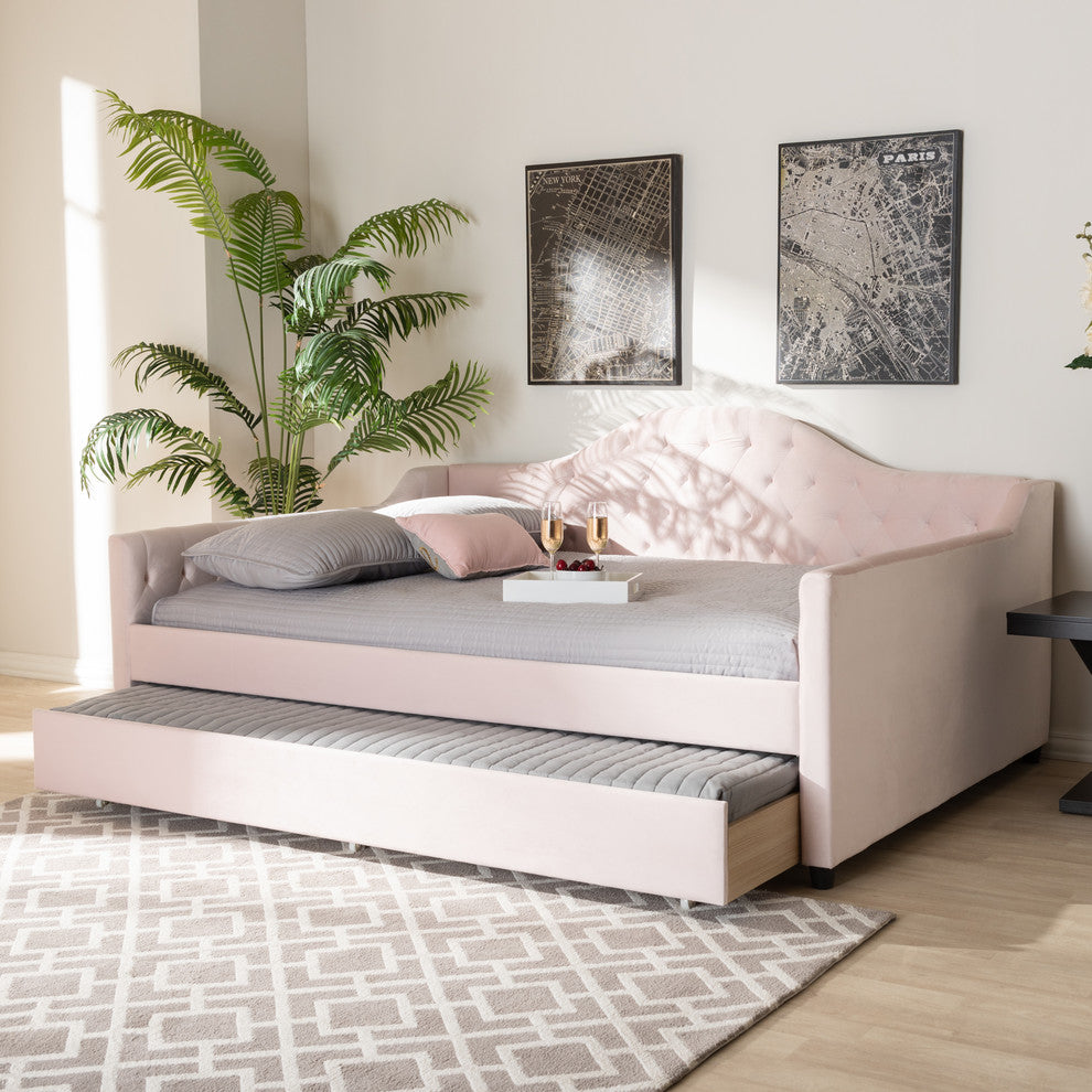 Luanna Light Pink Velvet Upholstered and Button Tufted Full Daybed With Trundle