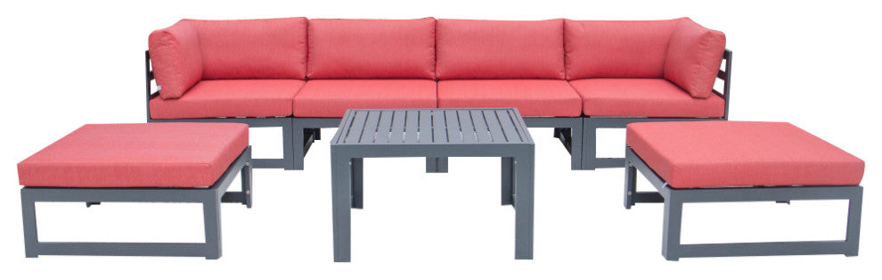 LeisureMod Chelsea 7-Piece Patio Ottoman Sectional With Coffee Table, Red