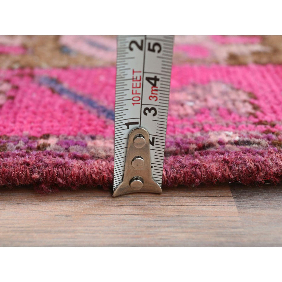 Mocha Brown With Pink Old Persian Heriz Hand Knotted Pure Wool Rug, 3'7"x10'1"