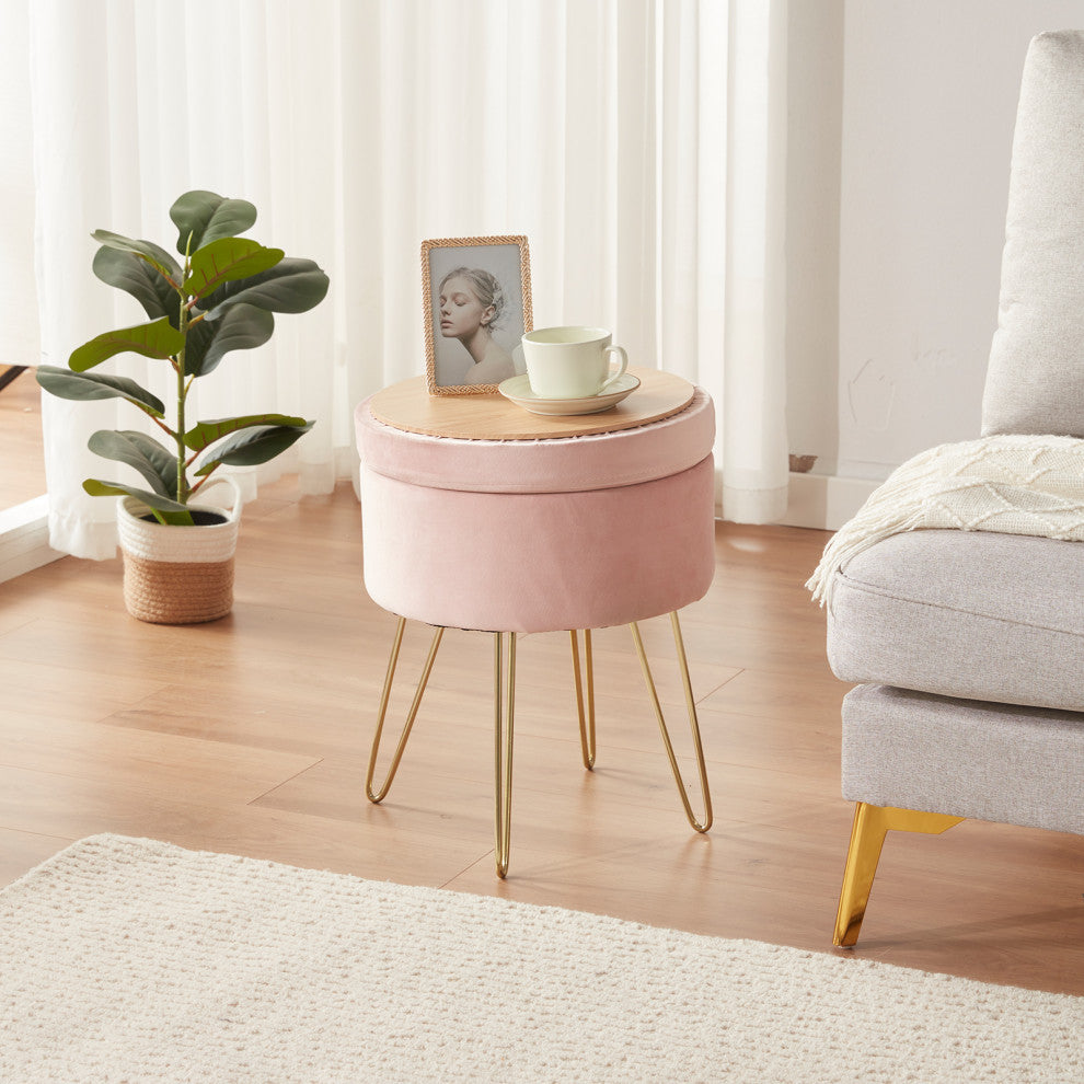 Round Storage Velvet Vanity Stool with Removable Lid, Pink
