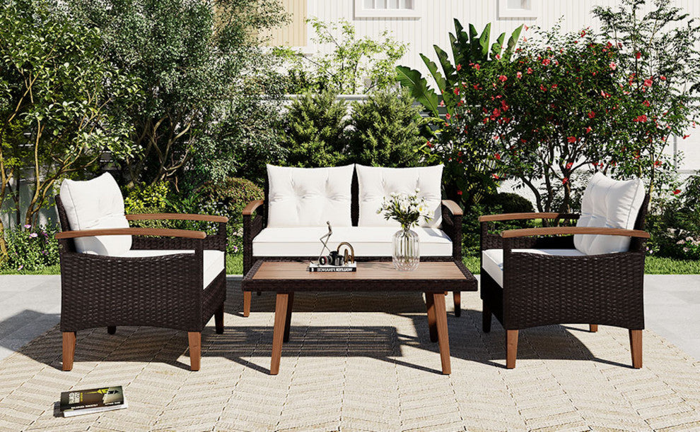 4-Piece Outdoor Wicker Patio Sofa Set with Wood Table and Removable Cushions, Beige