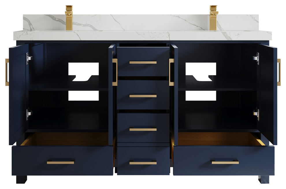 Willow Collections Malibu Vanity, Navy Blue, Calacatta Quartz, 60" Double
