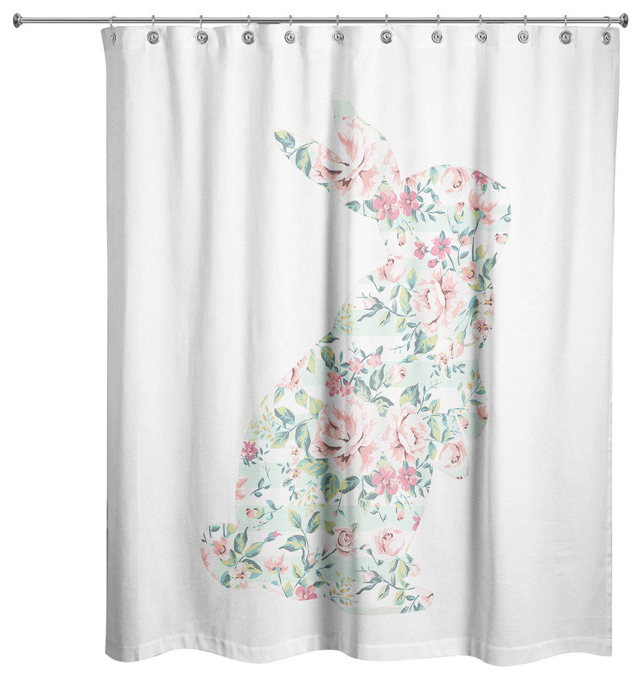 Mint Floral Curious Rabbit Shower Curtain