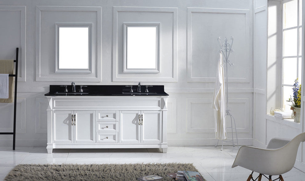 Virtu Victoria 72" Double Bathroom Vanity, White With Faucet and Mirrors