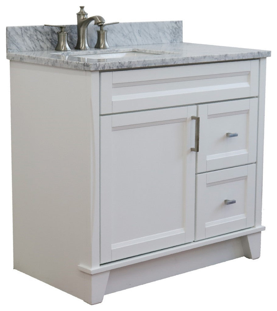 37" Single Sink Vanity, White Finish With White Carrara Marble