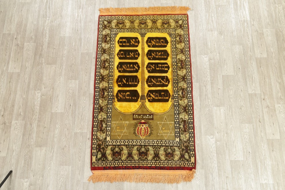Handmade Historical 10 Moses Commandments Oriental Area Rug, Yellow, 6'8"X3'10"