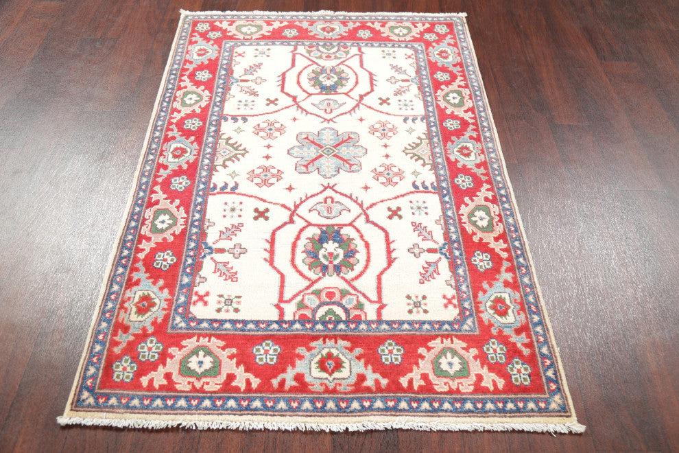 Kazak Oriental Traditional Area Rug Hand Made Pakistani, Beige, 4'11"x3'3