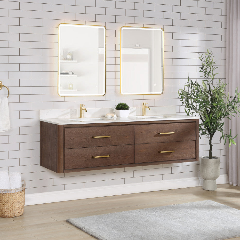 Cristo Floating Bath Vanity With Stone Top, Aged Dark Brown Oak, 72in., No Mirror