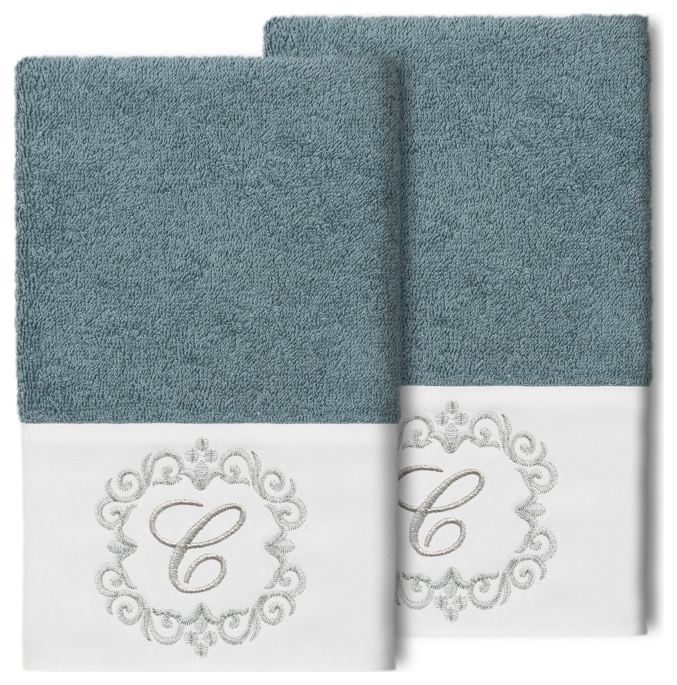 Linum Home Turkish Cotton Monica 2-Piece Embellished Hand Towel Set, Teal