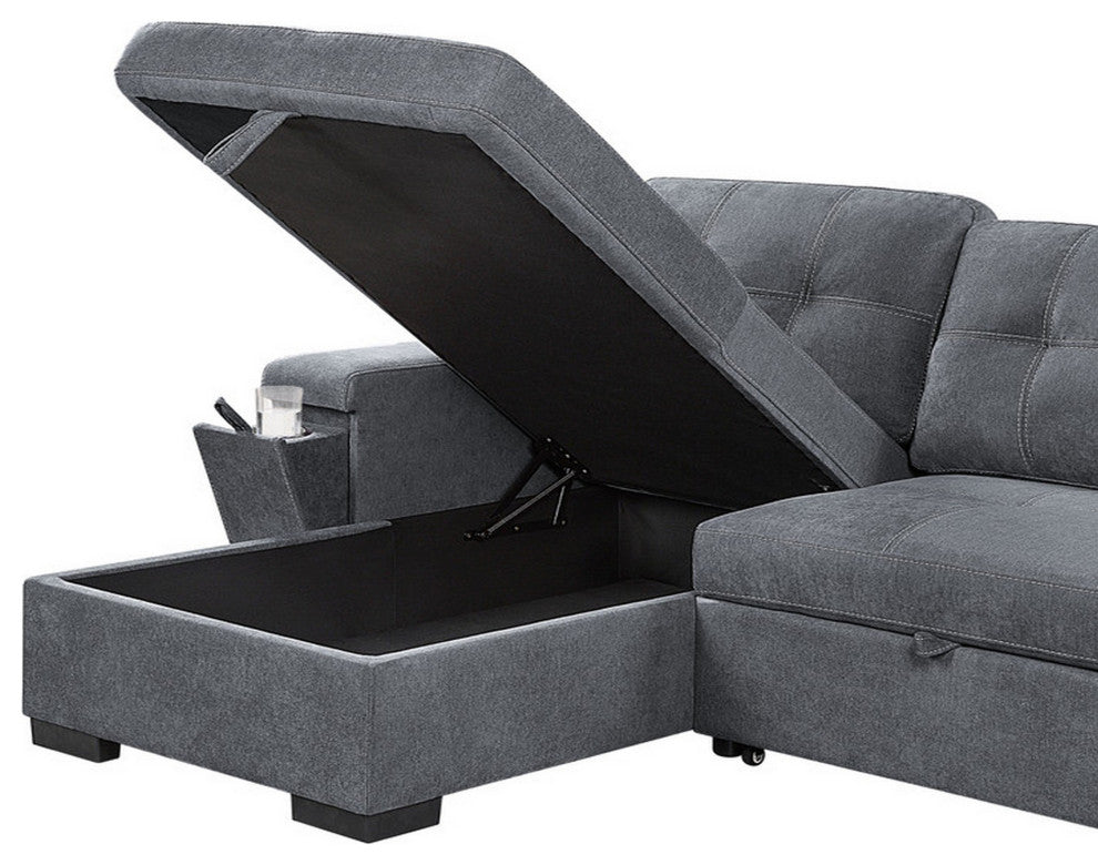 Benzara BM293171 Sleeper Sectional Sofa With Storage Chaise, USB Ports, Gray