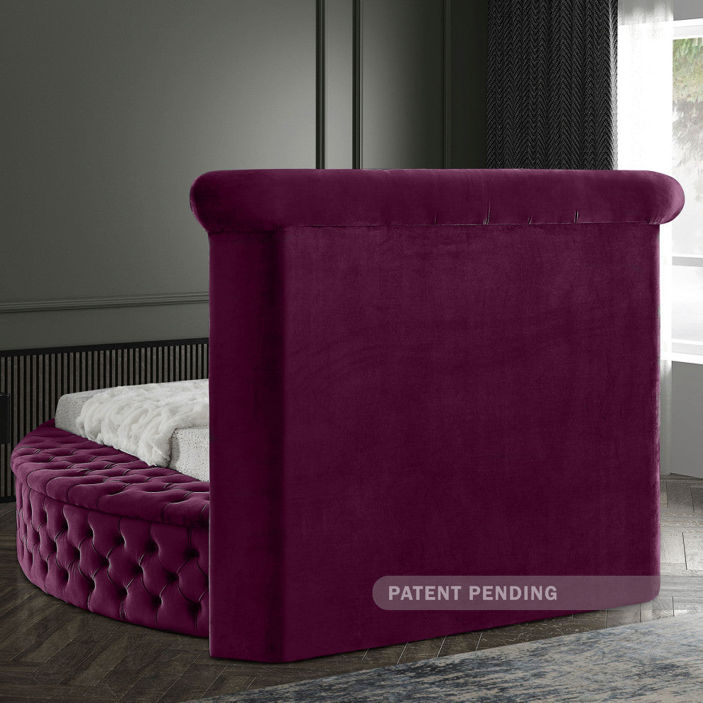 Luxus Button Tufted Velvet Round Bed, Purple, Twin