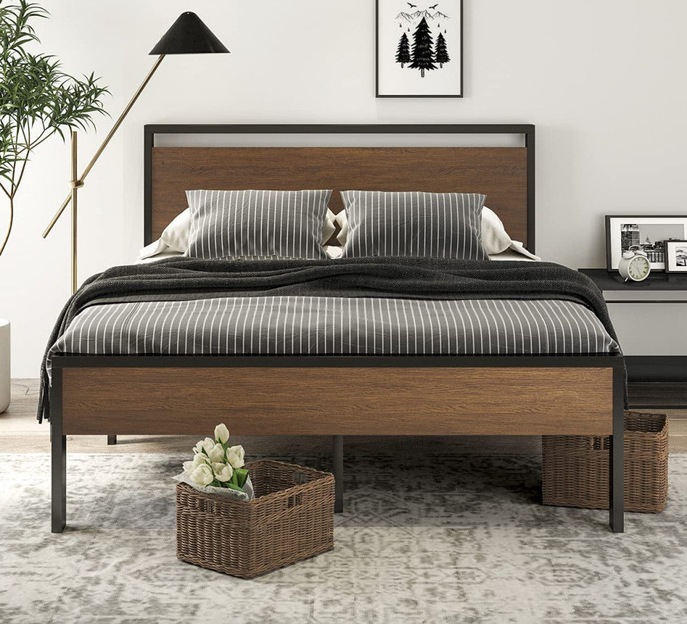 14 Inch Queen Size Metal Platform Bed Frame with Wooden Headboard and Footboard