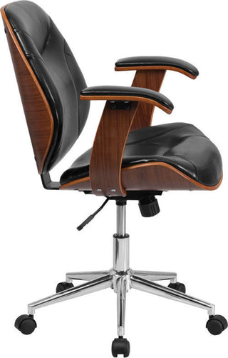 Mid-Back Black Leather Executive Wood Swivel Office Chair
