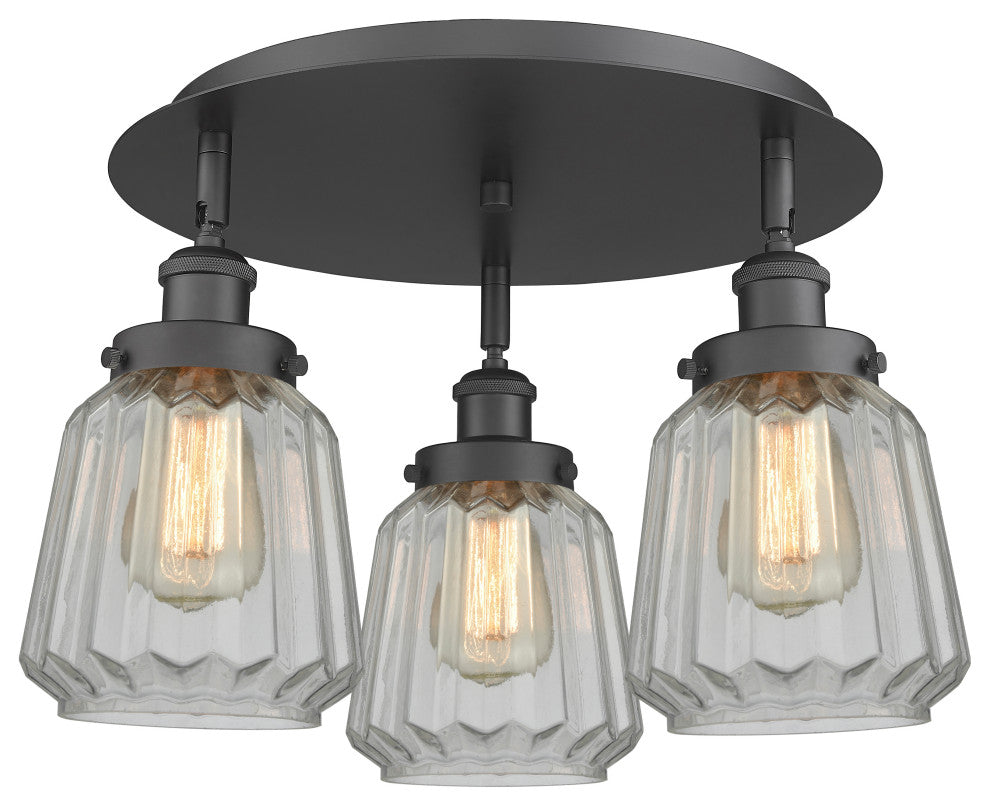 Chatham-3 Light 18" Flush Mount-Matte Black, Clear Glass Shade