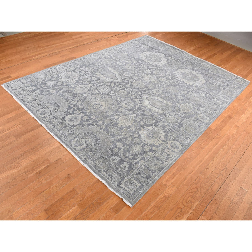 Medium Gray, Hand Knotted, Oushak Influence, Silk With Wool, Rug, 9'x11'10"