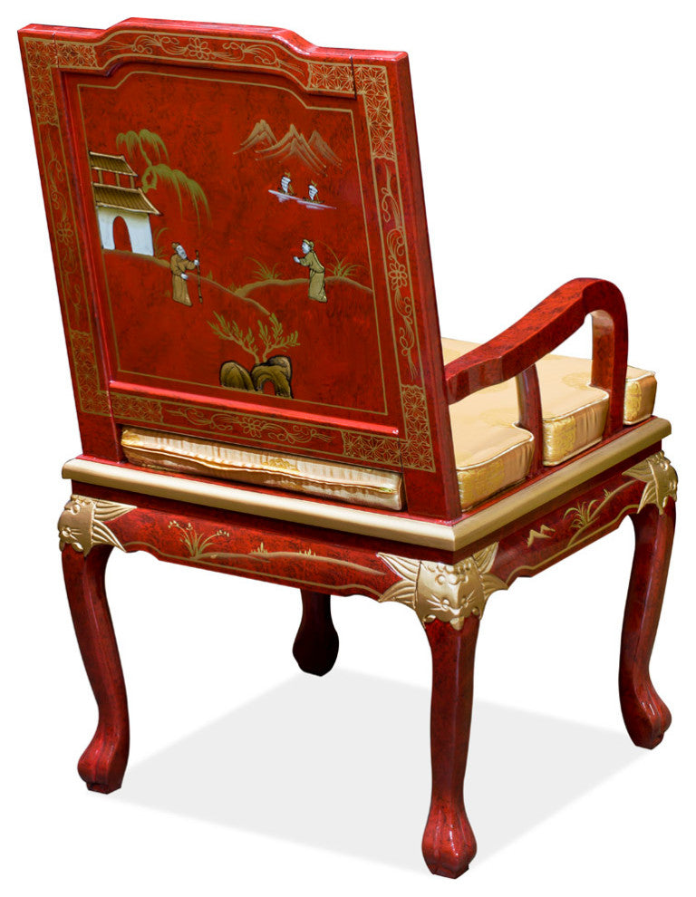 Red Queen Anne Chinoiserie Scenery Oriental Arm Chair