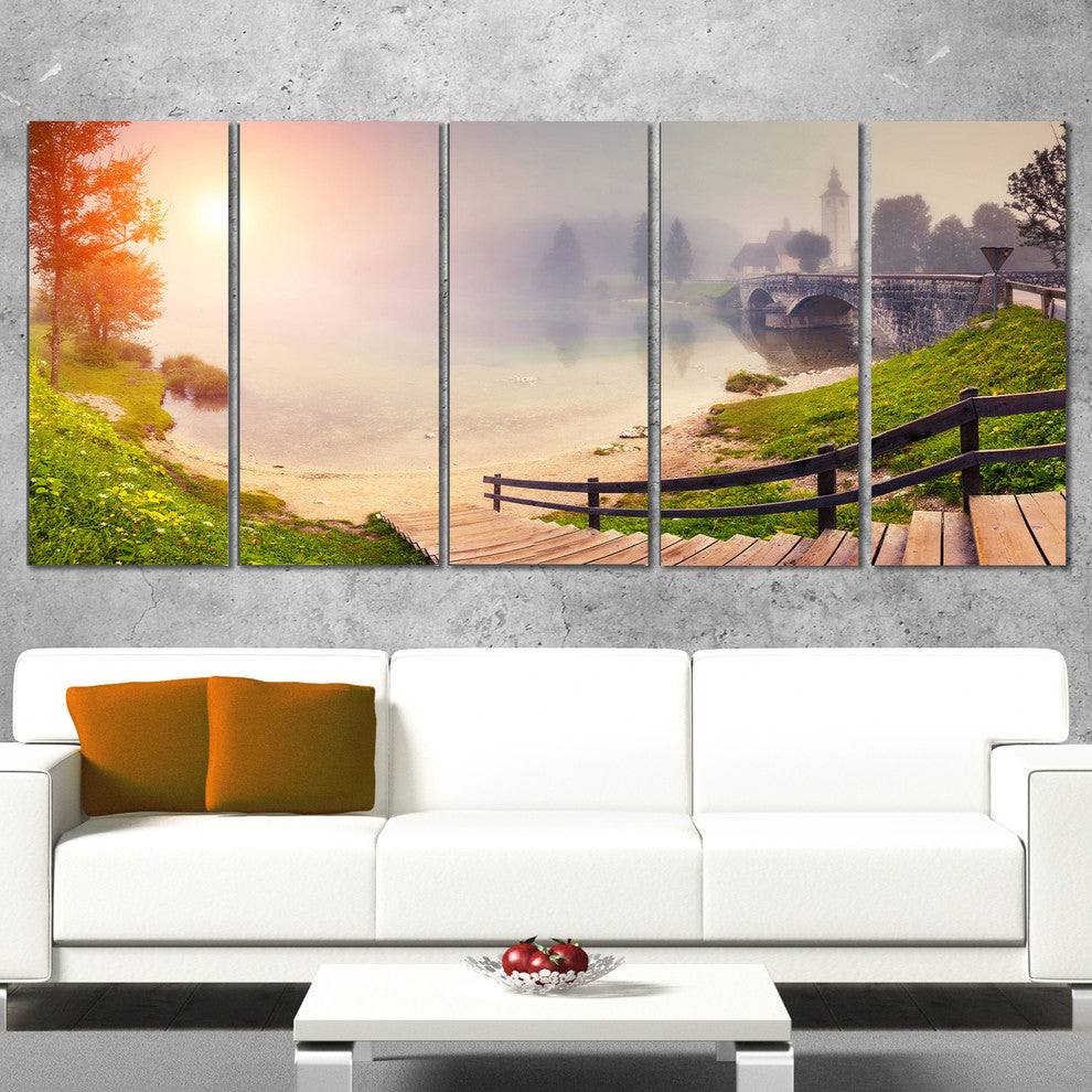 "Majestic Foggy Morning in Lake" Landscape Wall Art, 5 Panels, 60"x28"