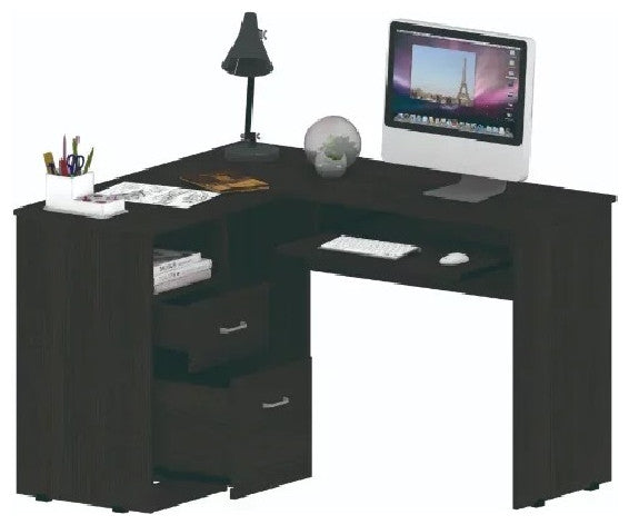 L-Shaped Desk, Large Worktop With Ample Storage Space & Keyboard, Light Gray, Black