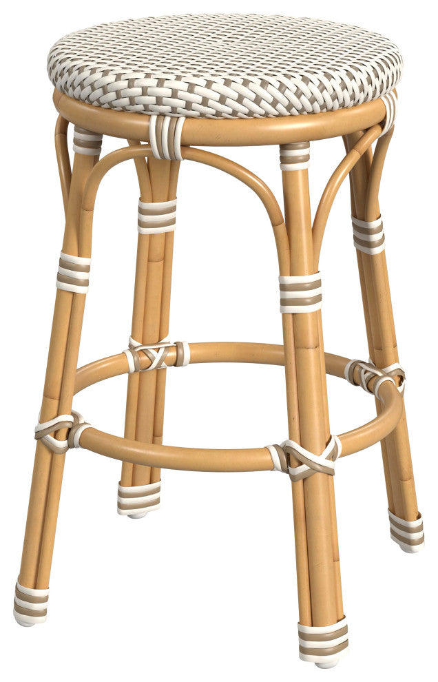 Tobias Outdoor Rattan and Metal Counter Stool, Beige and White