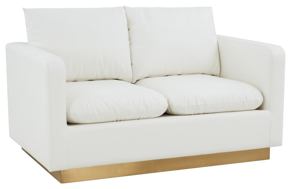 LeisureMod Nervo Modern Leather Loveseat With Gold Base, White