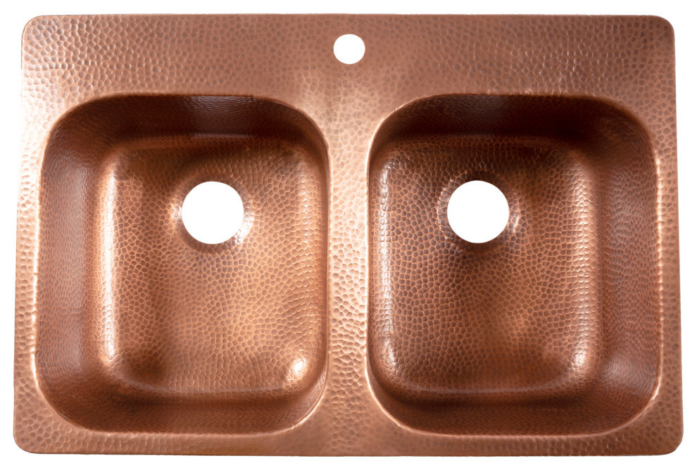 Santi 33" Drop-in Copper Double Bowl Kitchen Sink, 1-Hole