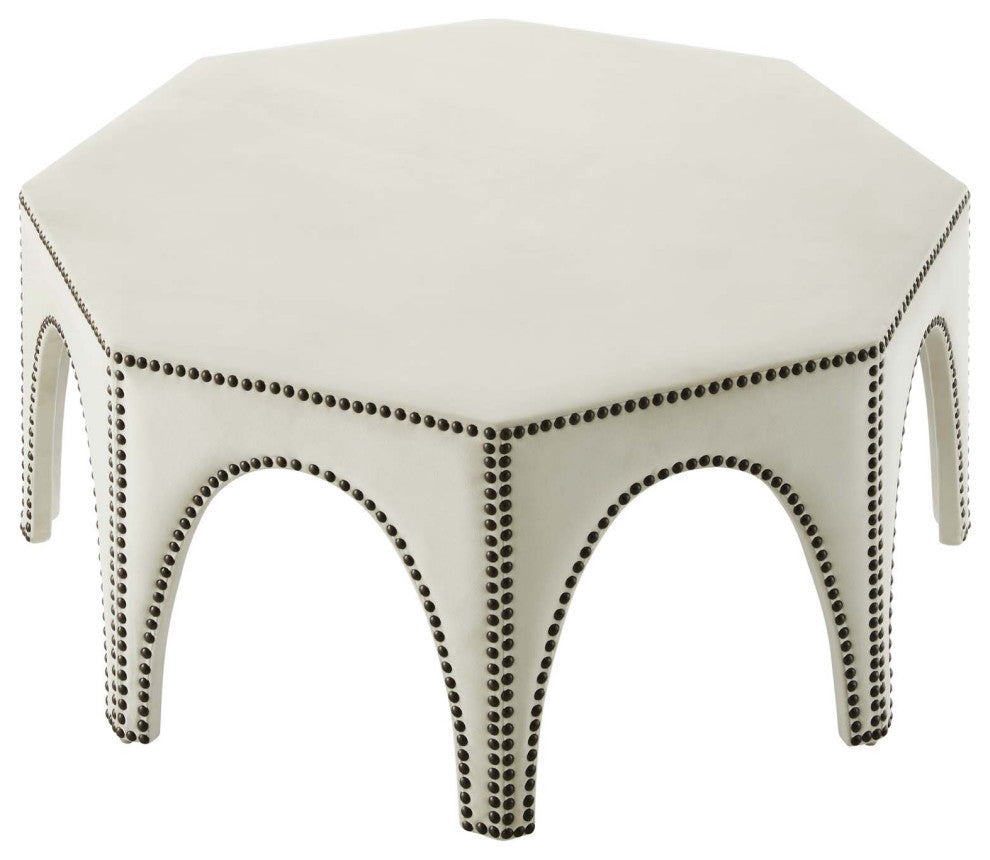 Ottoman Accent Chair, Nailhead, Ivory White, Velvet, Modern Lounge Cafe