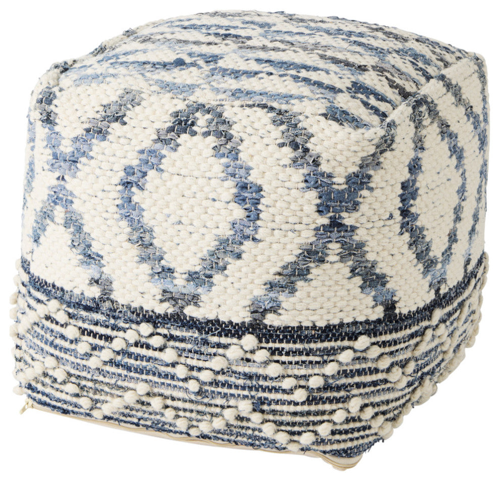 Eshana 16Lx16Wx16H Cream Wool and Denim Patterned Pouf