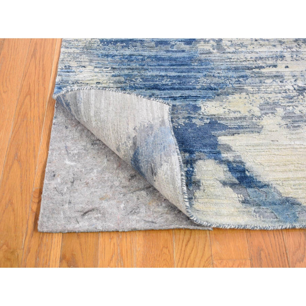 Blue and White Modern Hand Knotted Pure Silk and Textured Wool Rug, 6'1" x 9'1"