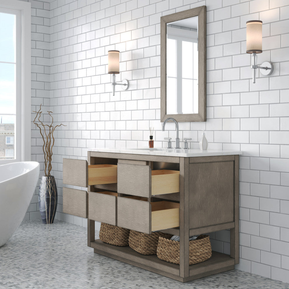 Oakman Marble Top Vanity in Grey Oak with Faucet, 48", Vanity With Chrome Faucet
