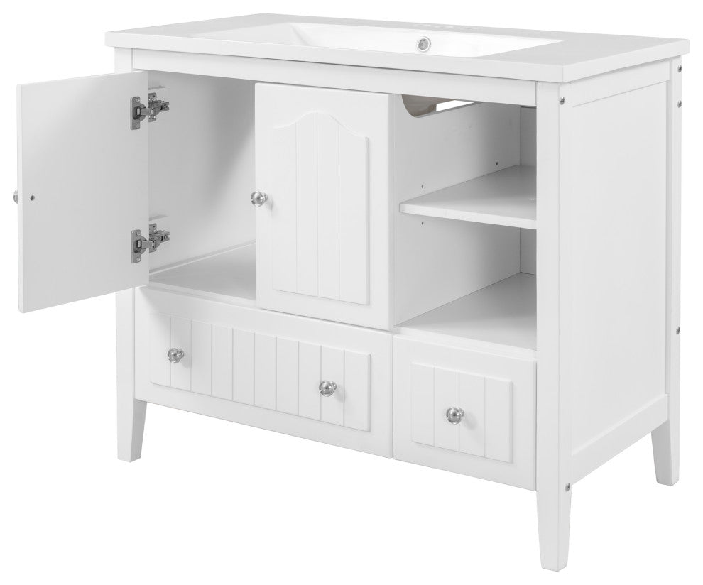 36" W x 18." D x 32" H Bath Vanity, White Ceramic Top, White