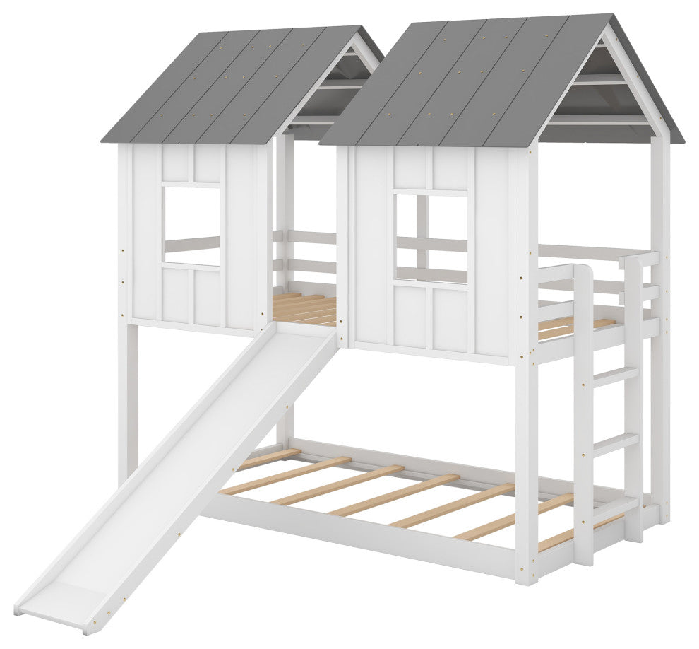 Gewnee Wood Twin Over Twin Bunk Bed House Bed in White