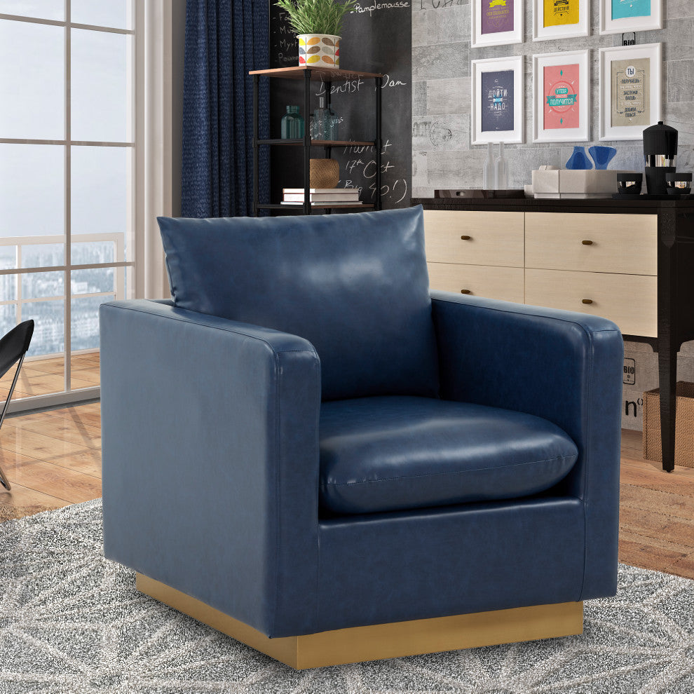 LeisureMod NS32BU-L Nervo Navy Blue Leather Accent Armchair With Gold Frame