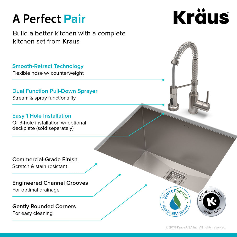 24" Undermount Stainless Steel Kitchen Sink, Pull-Down Faucet SS, Dispenser