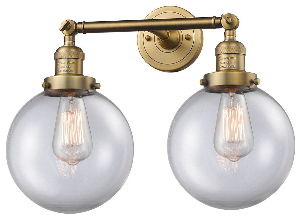 2-Light Beacon 19" Bath Fixture, Brushed Brass, Glass: Clear