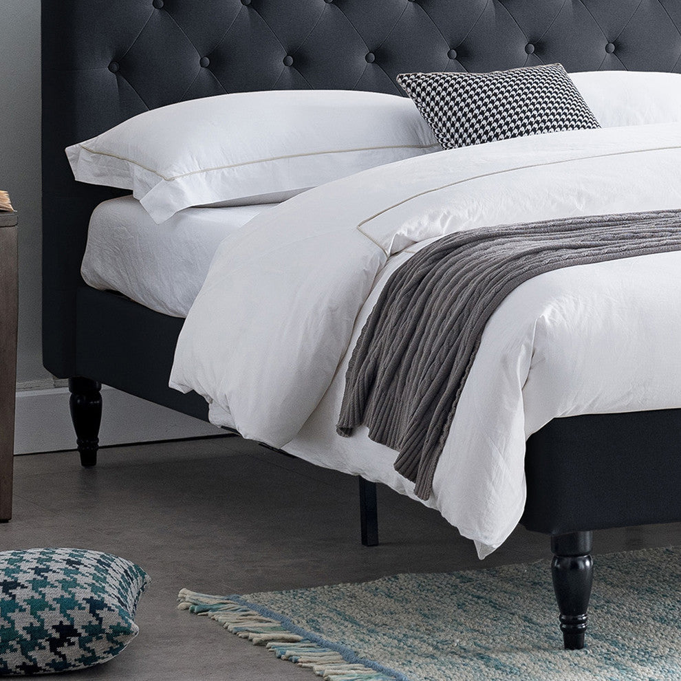 Agnes Fully-Upholstered Low-Profile Queen-Size Platform Bed Frame, Black