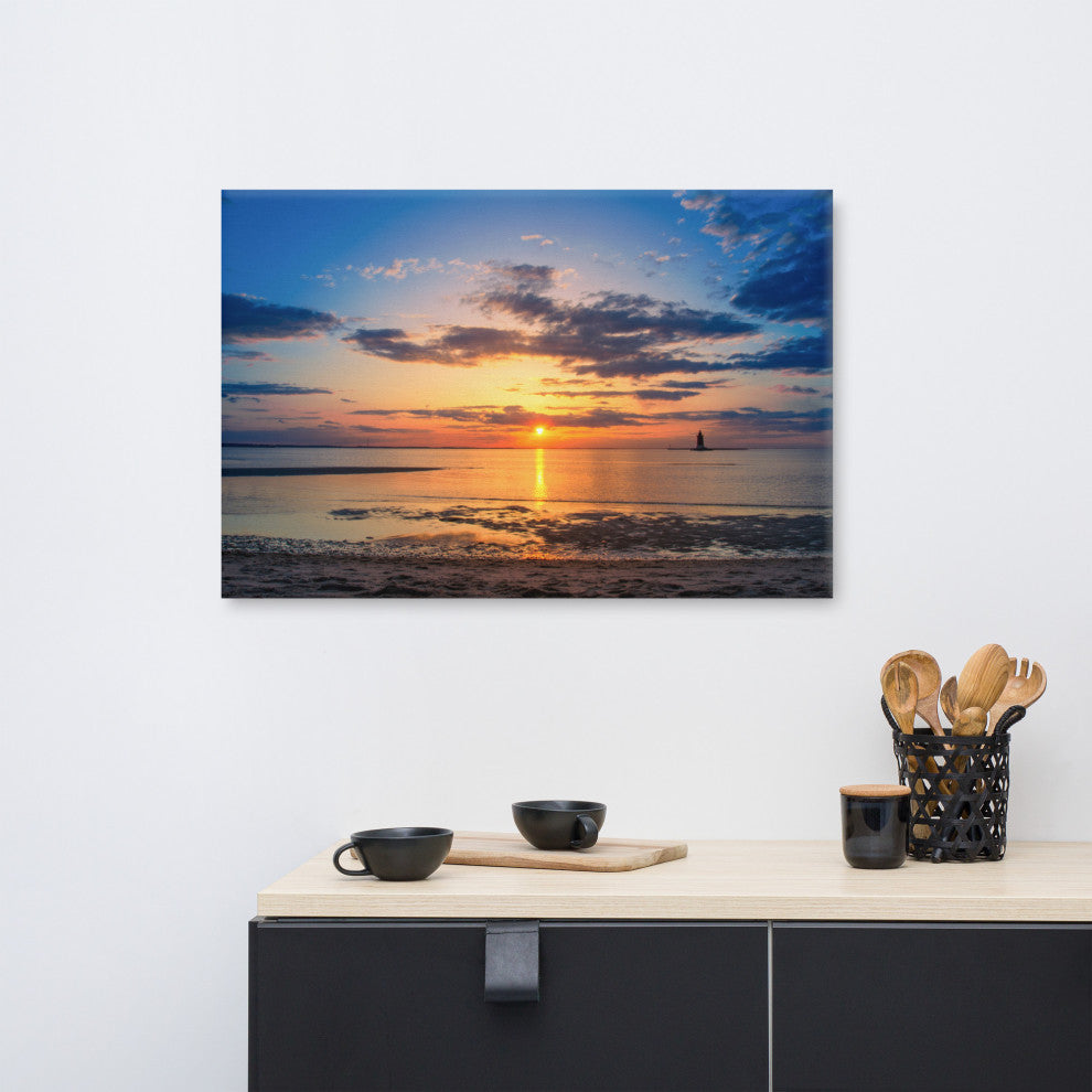 Sunset at Breakwater Lighthouse Coastal Landscape Photo Canvas Print, 24" X 36"