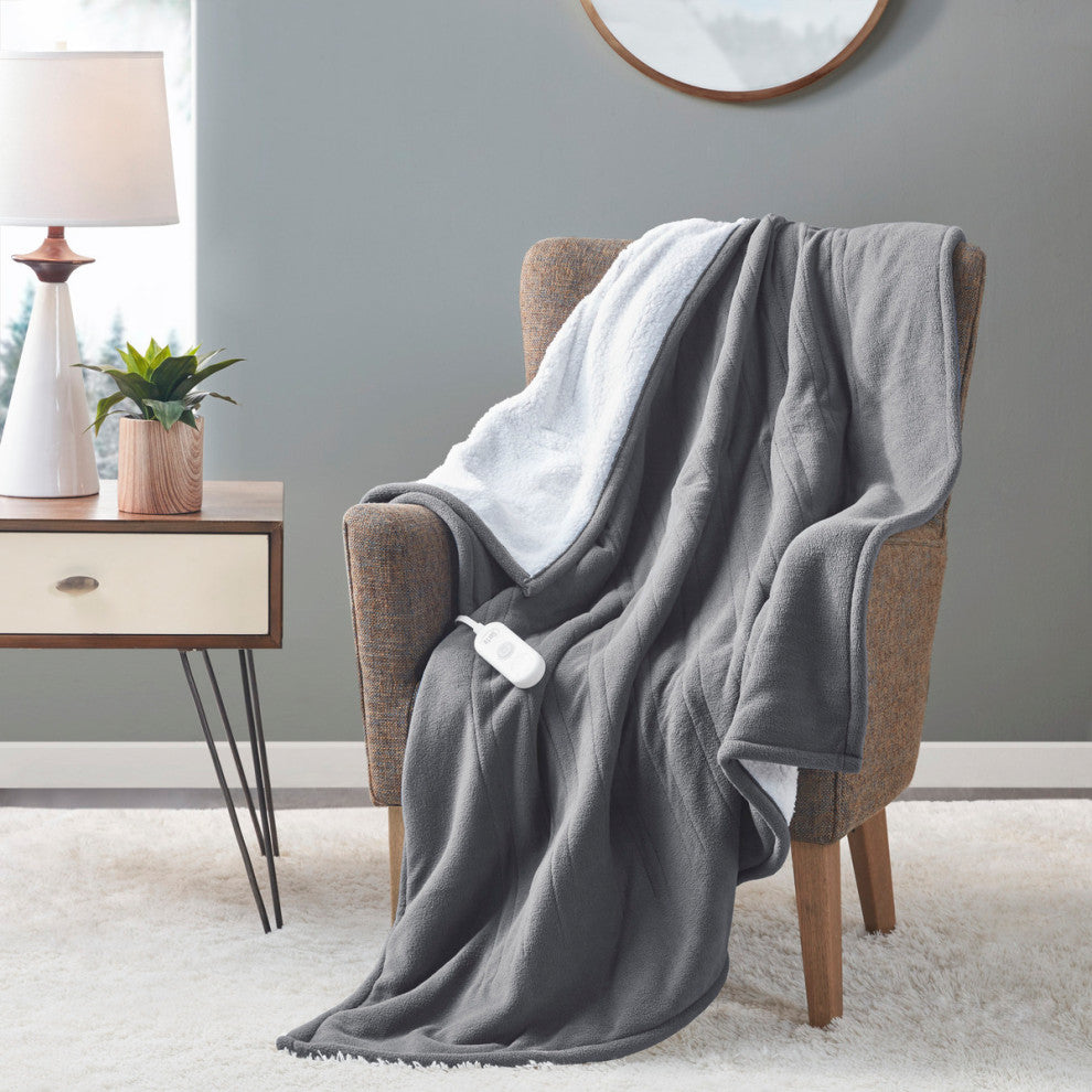 Serta Fleece to Sherpa Heated 50x60" Fleece Sherpa Electric Throw Blanket, Grey