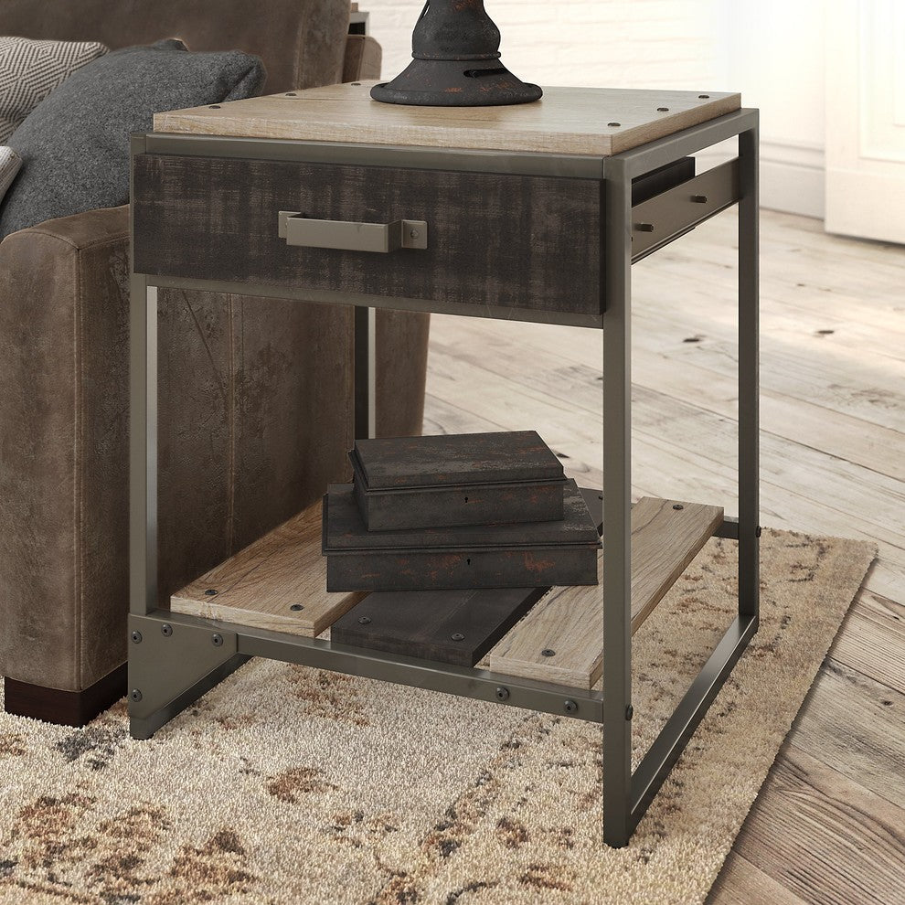 Bush Furniture Refinery End Table With Drawer, Rustic Gray