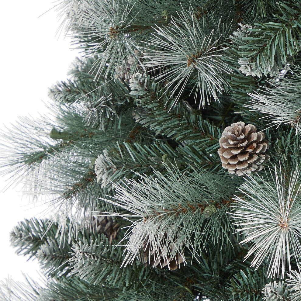 7' Frosted Tip British Columbia Mountain Pine Faux Xmas Tree W/Lights, Pinecones